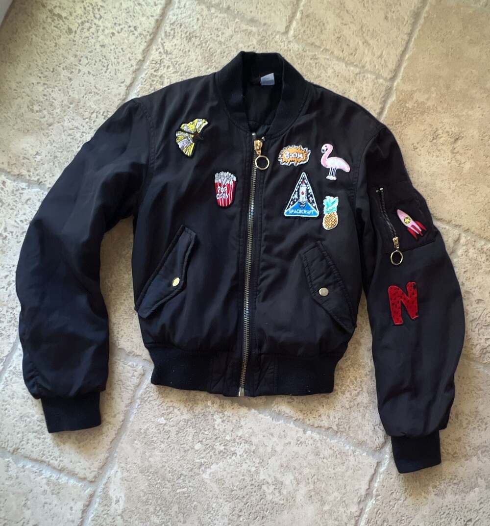 H&M Divided Black Bomber Jacket with Embroidered Patches